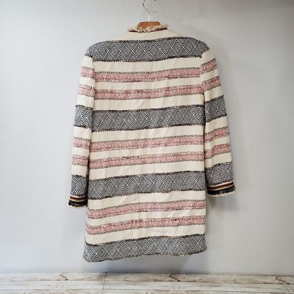 ZARA Tweed Multi‎ Color Open Front Tapestry Morrocan Beaded Long Jacket Size M - Picture 3 of 9